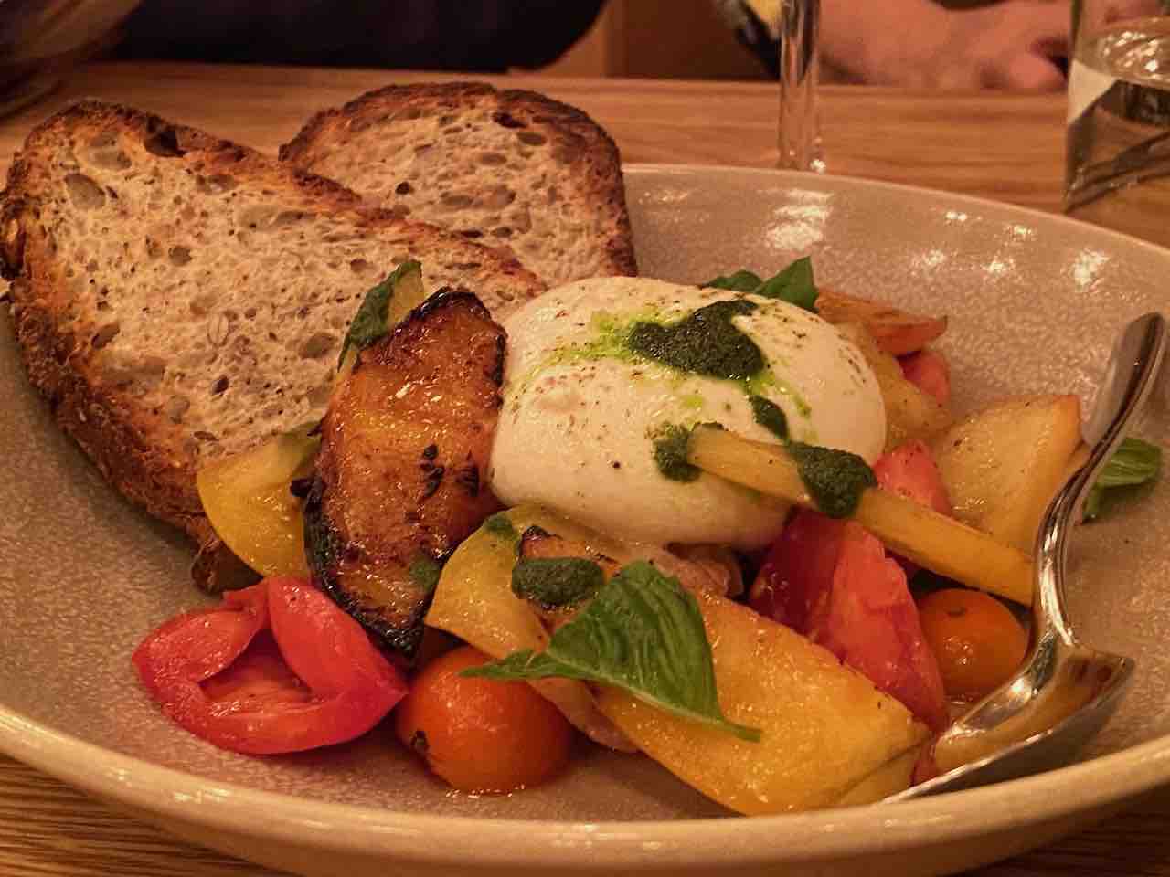 Unique French Wines Pair Well With Burrata grilled peaches, marinated tomatoes, basil salsa verde